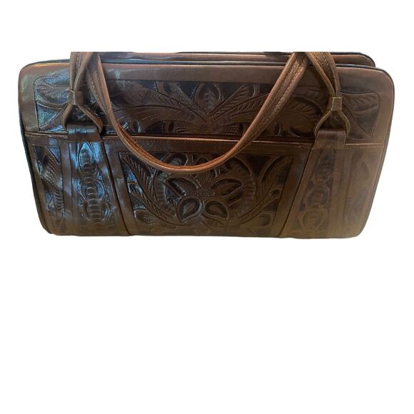 Vintage Hand Tooled Carved Brown Leather Western Purse/Satchel/Handbag - Picture 5 of 6